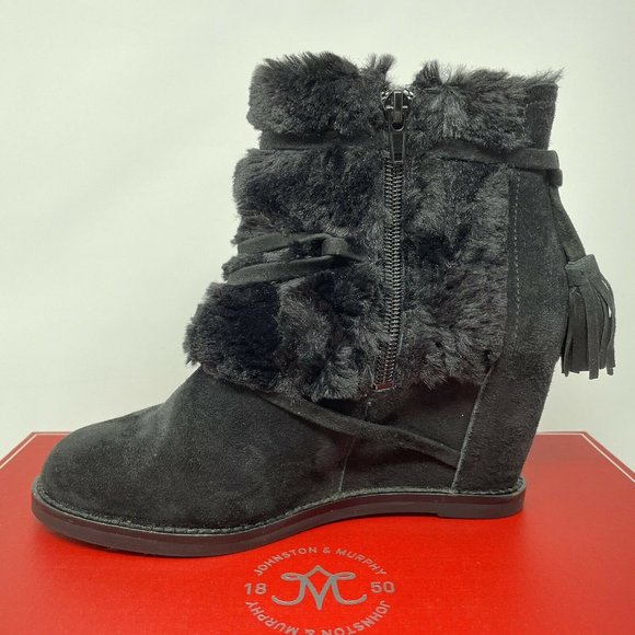 Johnston & Murphy Womens 6 Suede & Faux Fur Cuff Ankle Mid Boots Booties Black - Picture 5 of 10
